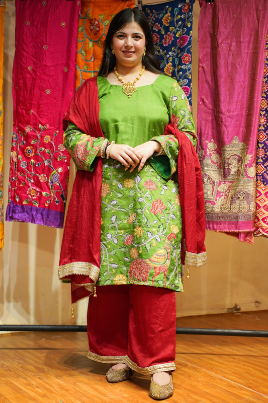 Yoshita Silk Suit Set with Peacock Motifs