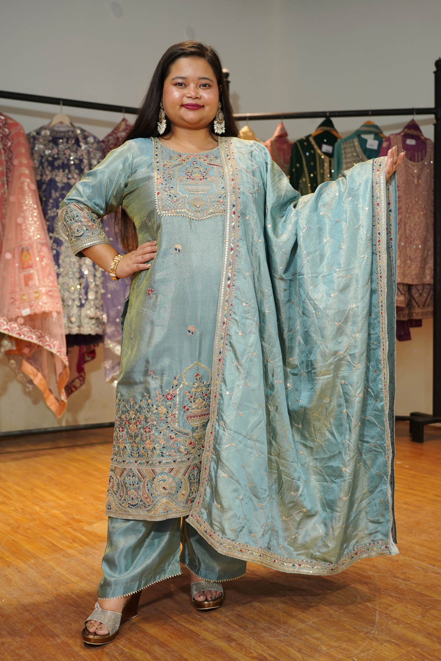 Zareenah Tissue Shimmer Suit With Zari Embroidery