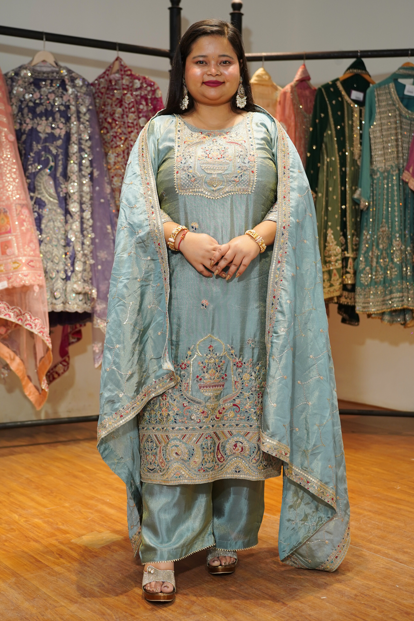 Zareenah Tissue Shimmer Suit With Zari Embroidery