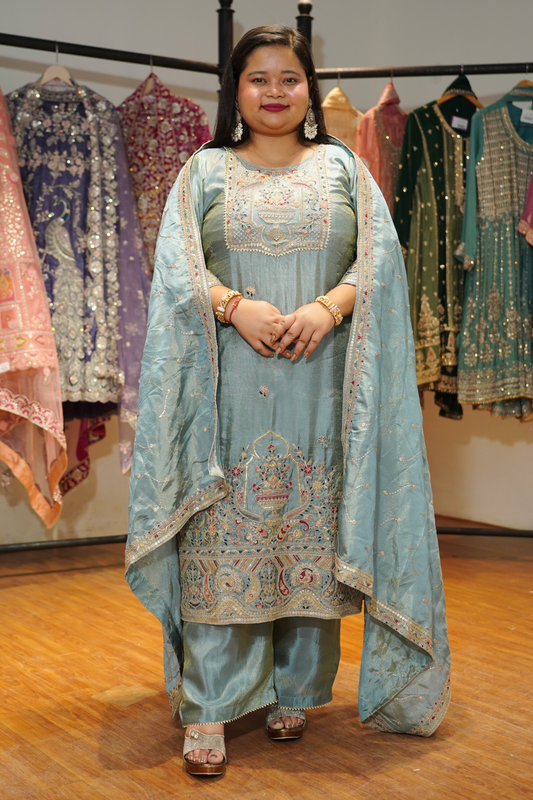 Zareenah Tissue Shimmer Suit With Zari Embroidery