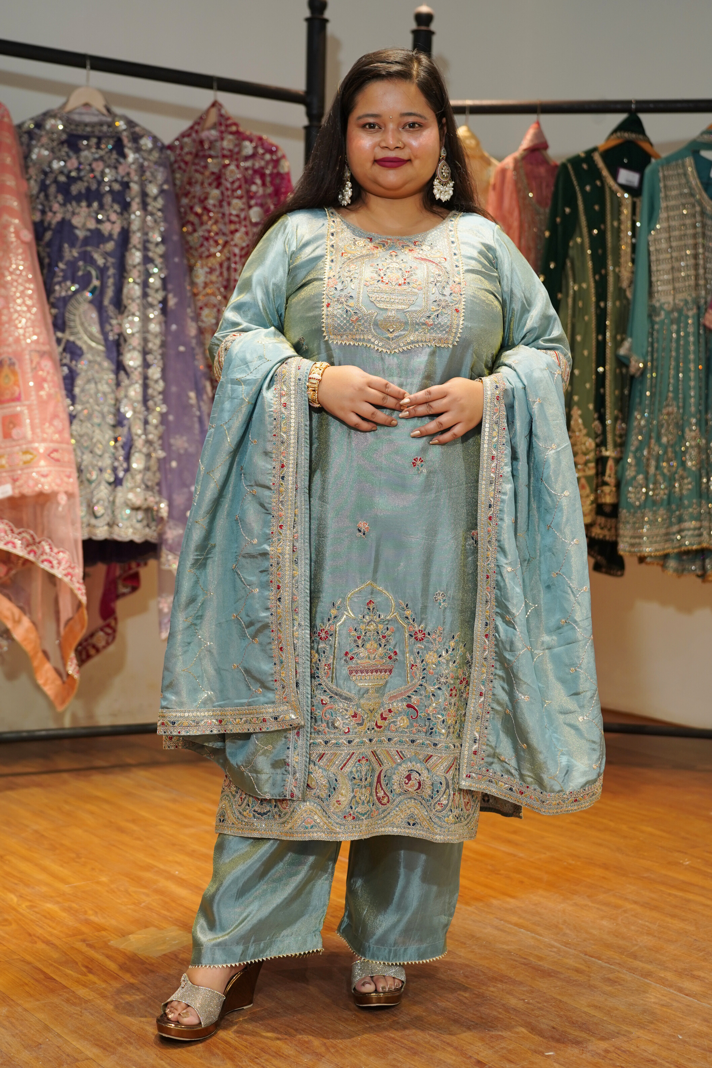 Zareenah Tissue Shimmer Suit With Zari Embroidery