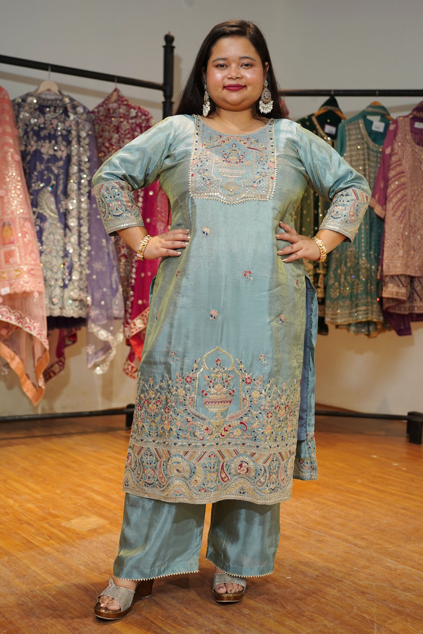 Zareenah Tissue Shimmer Suit With Zari Embroidery