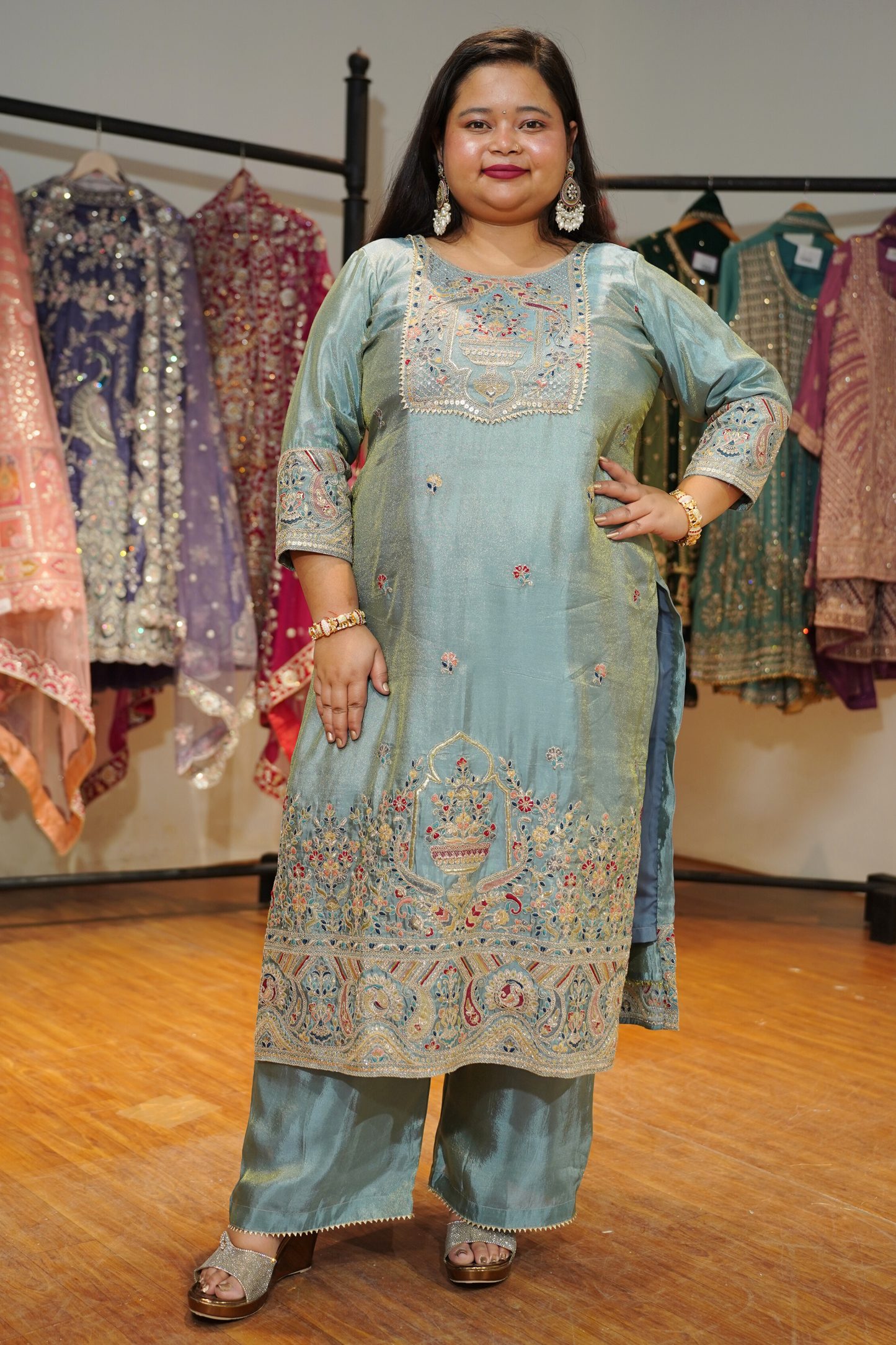 Zareenah Tissue Shimmer Suit With Zari Embroidery