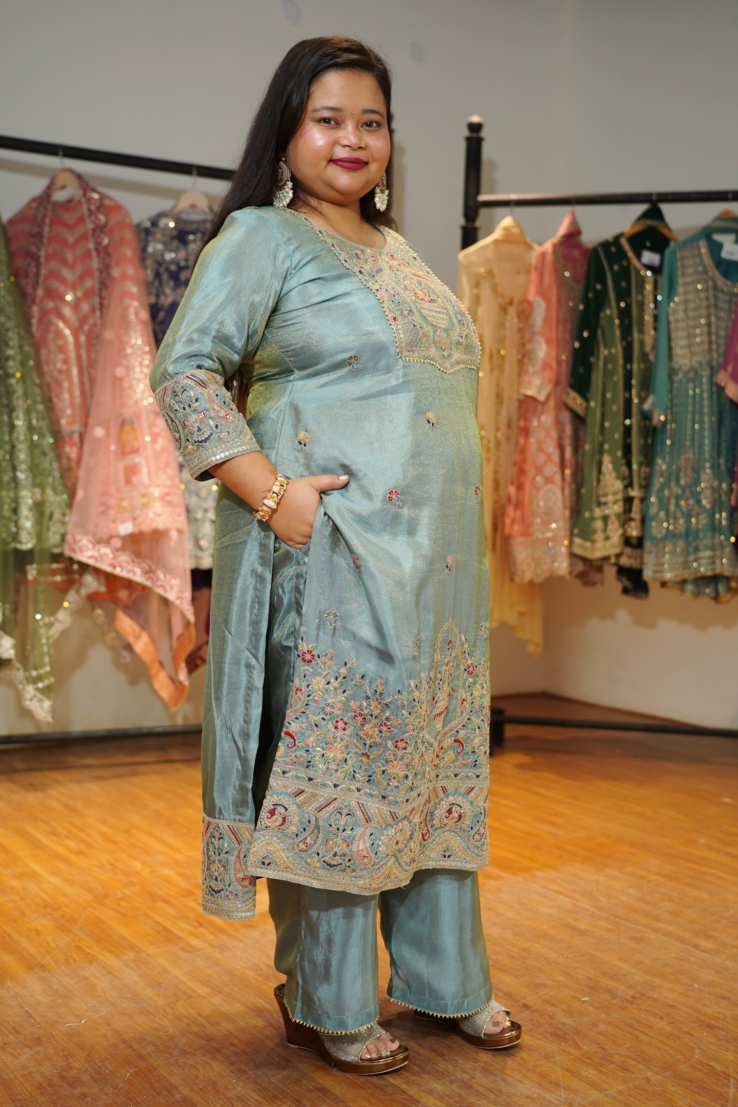 Zareenah Tissue Shimmer Suit With Zari Embroidery