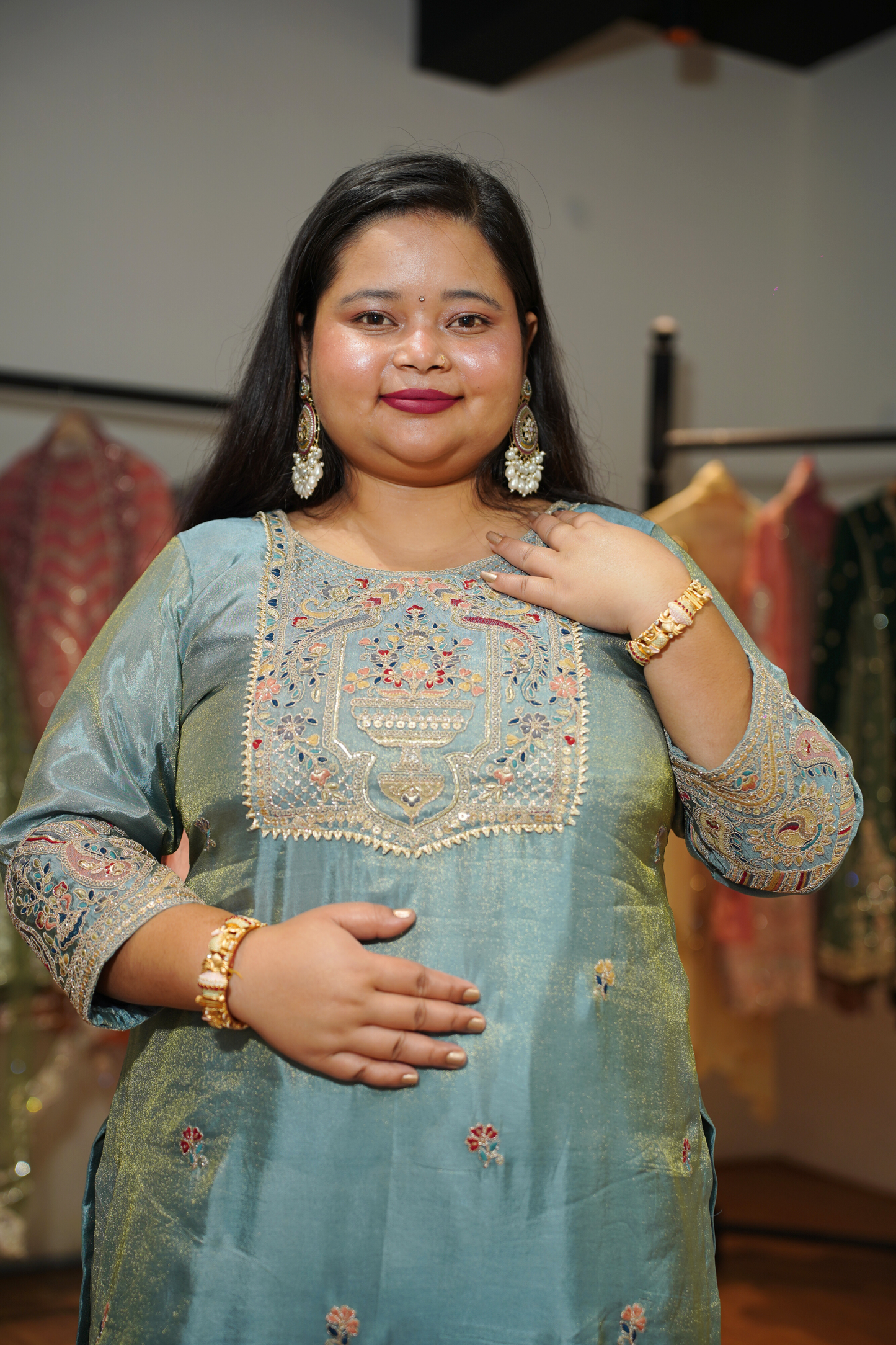 Zareenah Tissue Shimmer Suit With Zari Embroidery