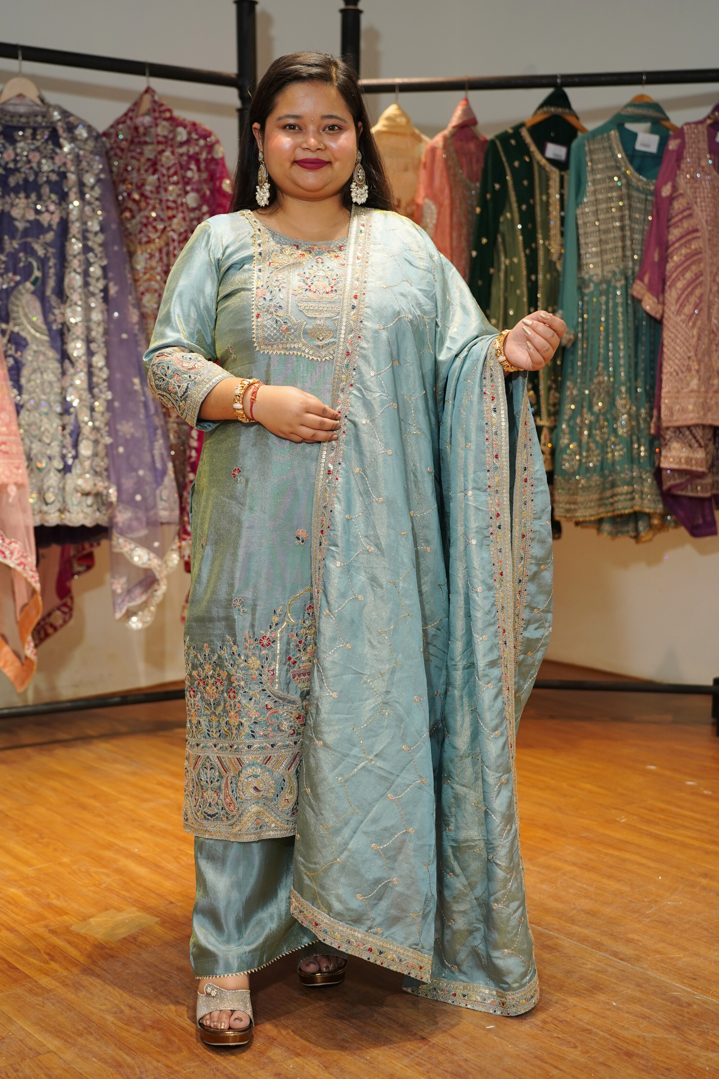 Zareenah Tissue Shimmer Suit With Zari Embroidery