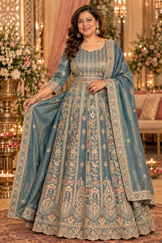 Zehnaya Blue Tissue Zari Embroidered Dress