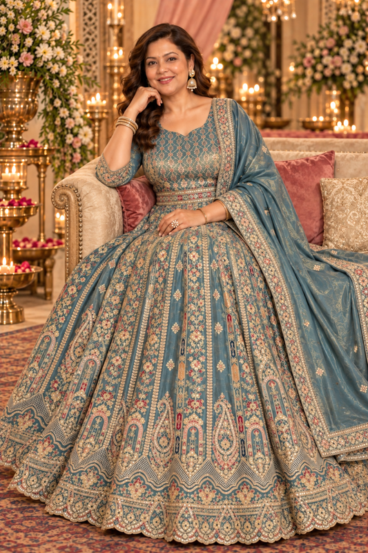 Zehnaya Blue Tissue Zari Embroidered Dress