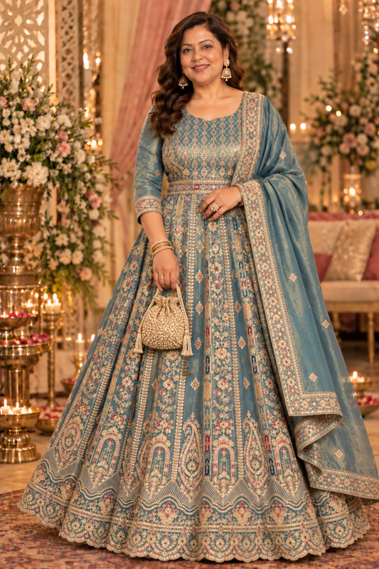 Zehnaya Blue Tissue Zari Embroidered Dress