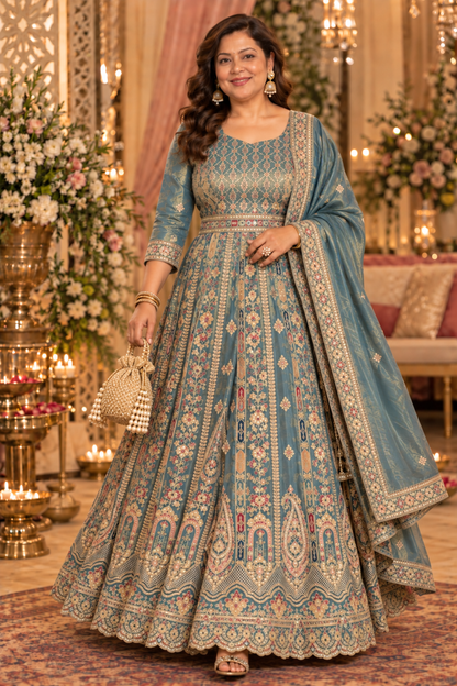 Zehnaya Blue Tissue Zari Embroidered Dress