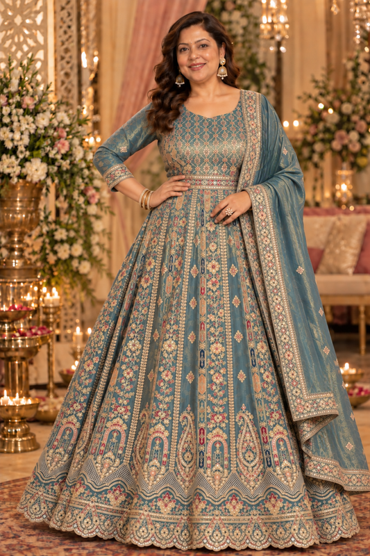 Zehnaya Blue Tissue Zari Embroidered Dress