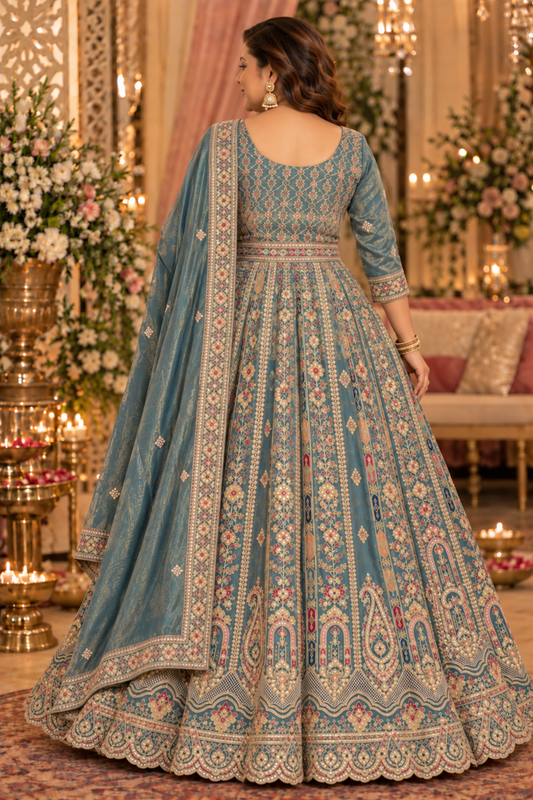 Zehnaya Blue Tissue Zari Embroidered Dress