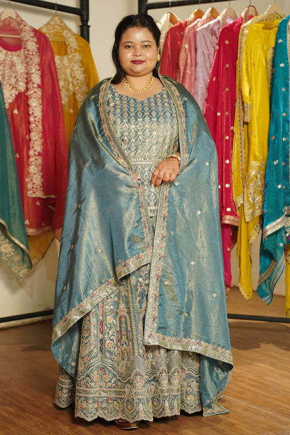Zehnaya Blue Tissue Zari Embroidered Lehenga Choli