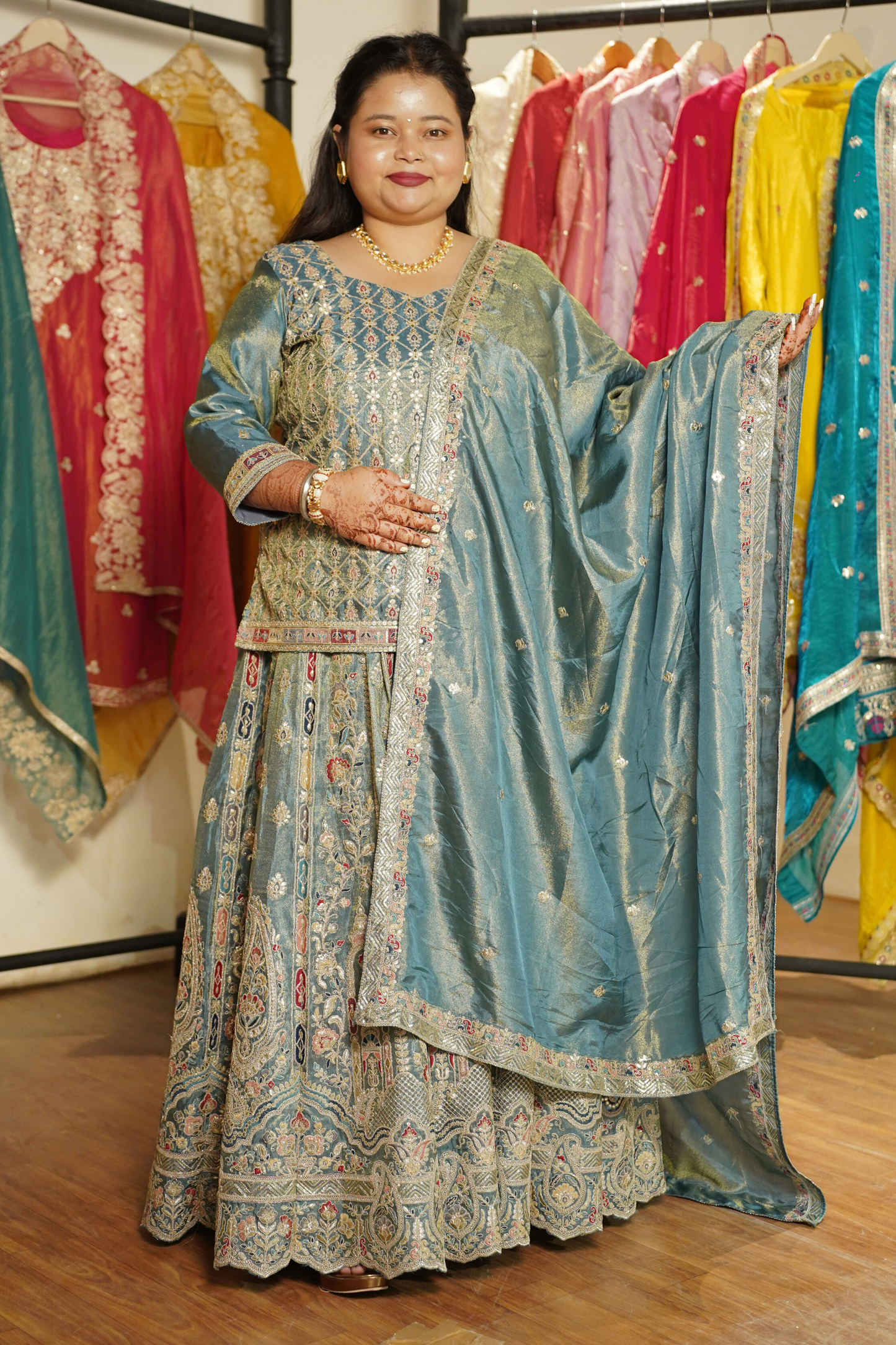 Zehnaya Blue Tissue Zari Embroidered Lehenga Choli
