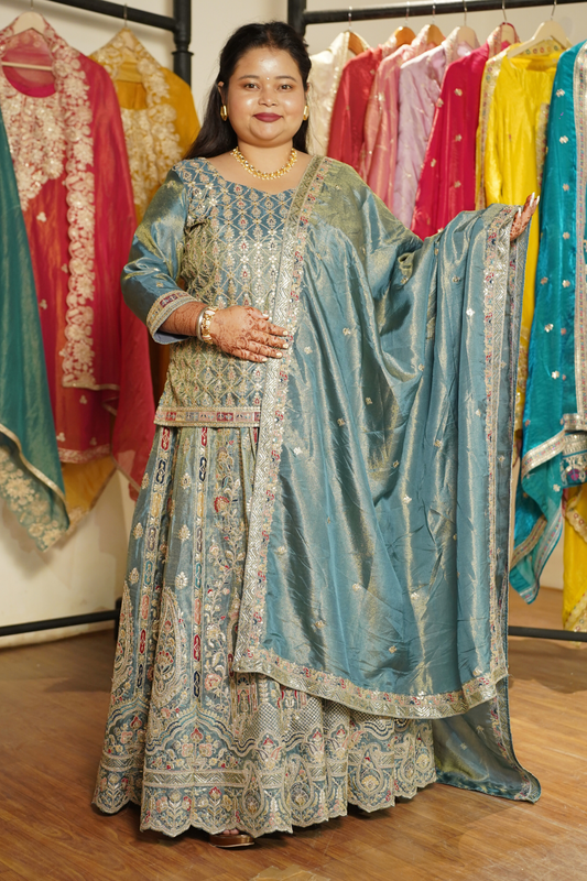 Zehnaya Blue Tissue Zari Embroidered Lehenga Choli