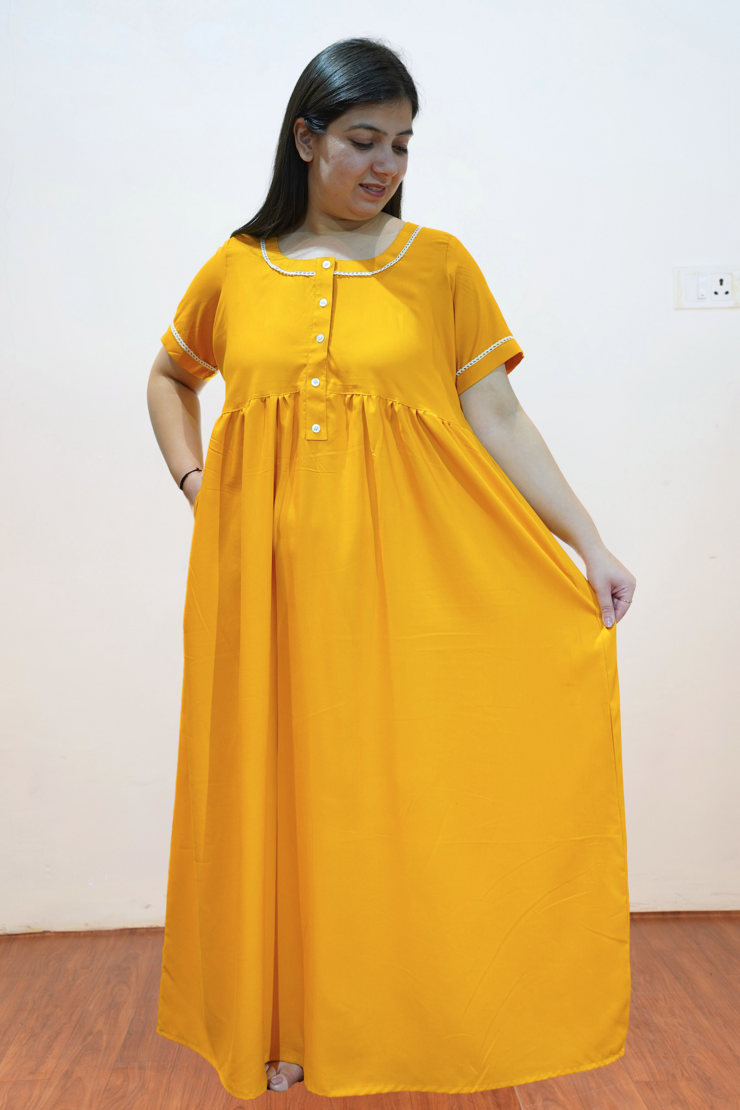 Solid Mustard Rayon Night Gown