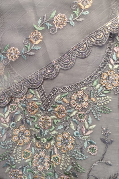 Grey Crushed Tissue Suit With Handwork