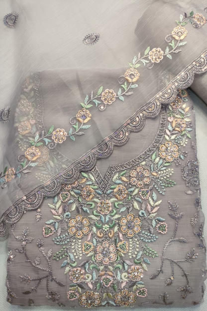 Grey Crushed Tissue Suit With Handwork