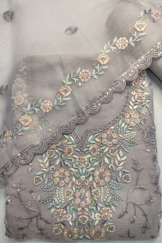 Grey Crushed Tissue Suit With Handwork