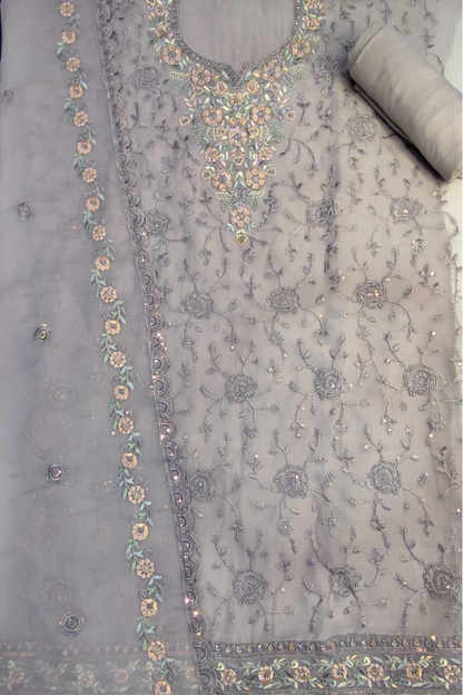 Grey Crushed Tissue Suit With Handwork