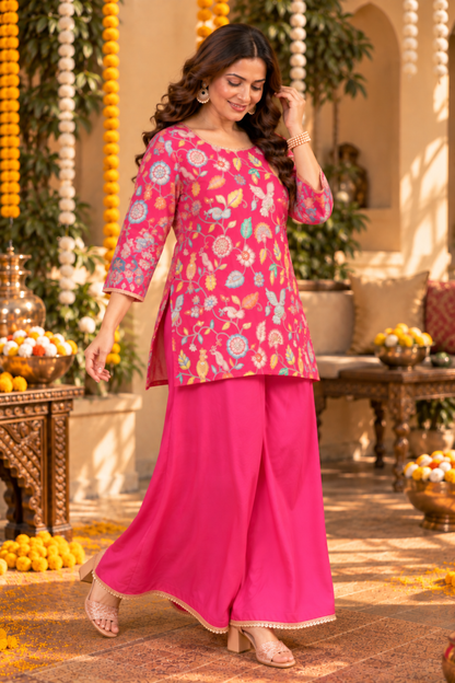 Zehra Magenta Silk Co-ord Set With Placement Mork