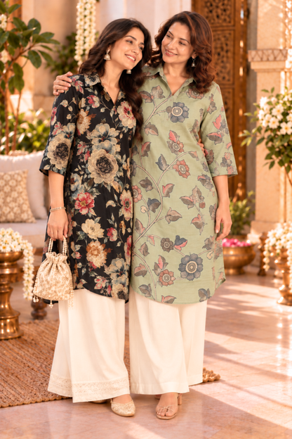 Sage Floral Muslin Kurta With Foil Print