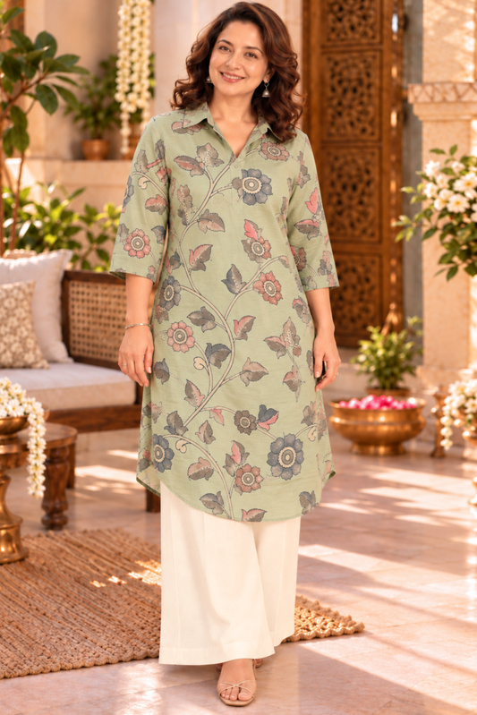 Sage Floral Muslin Kurta With Foil Print