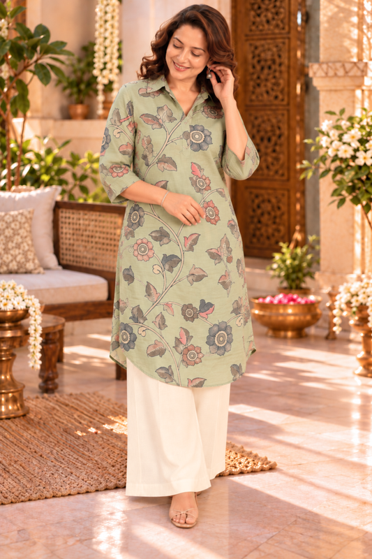 Sage Floral Muslin Kurta With Foil Print