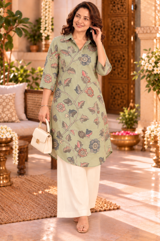 Sage Floral Muslin Kurta With Foil Print