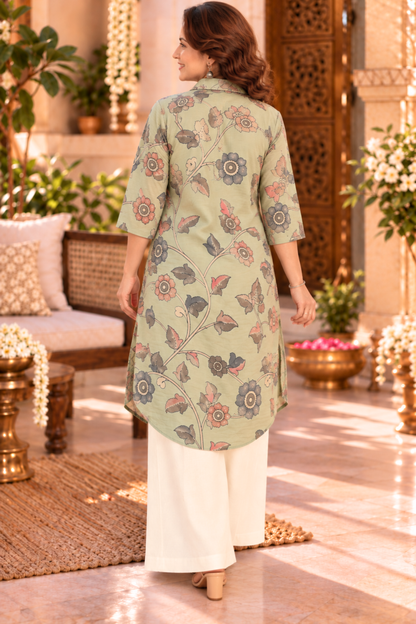 Sage Floral Muslin Kurta With Foil Print