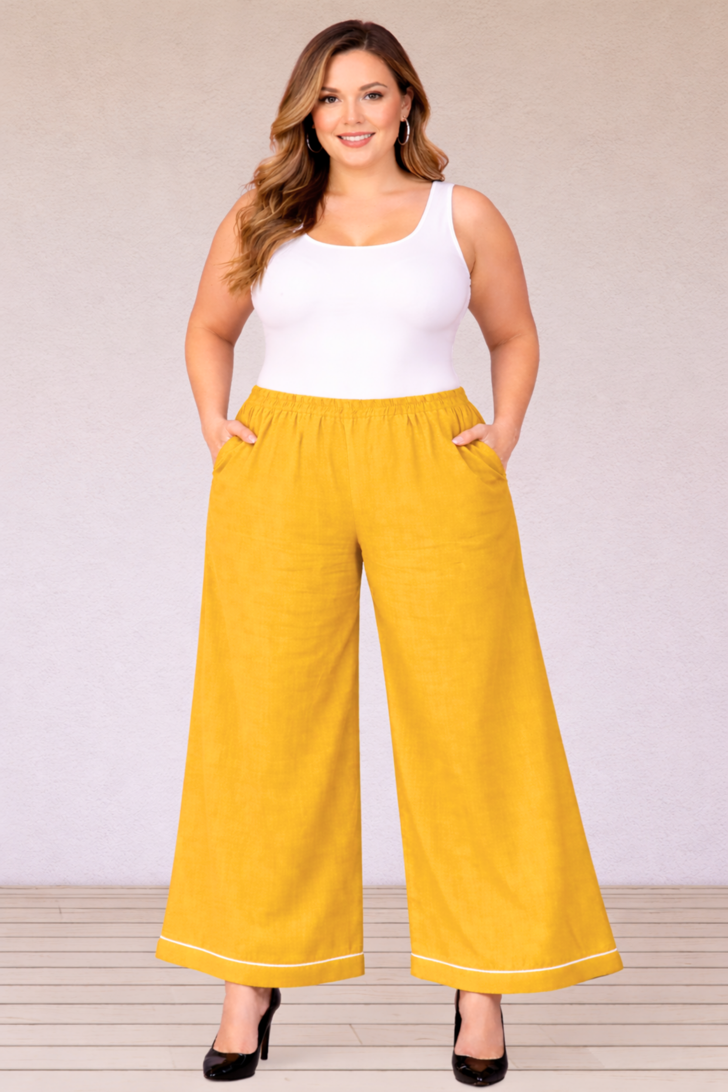 Yellow Detailed Hemline Rayon Palazzo