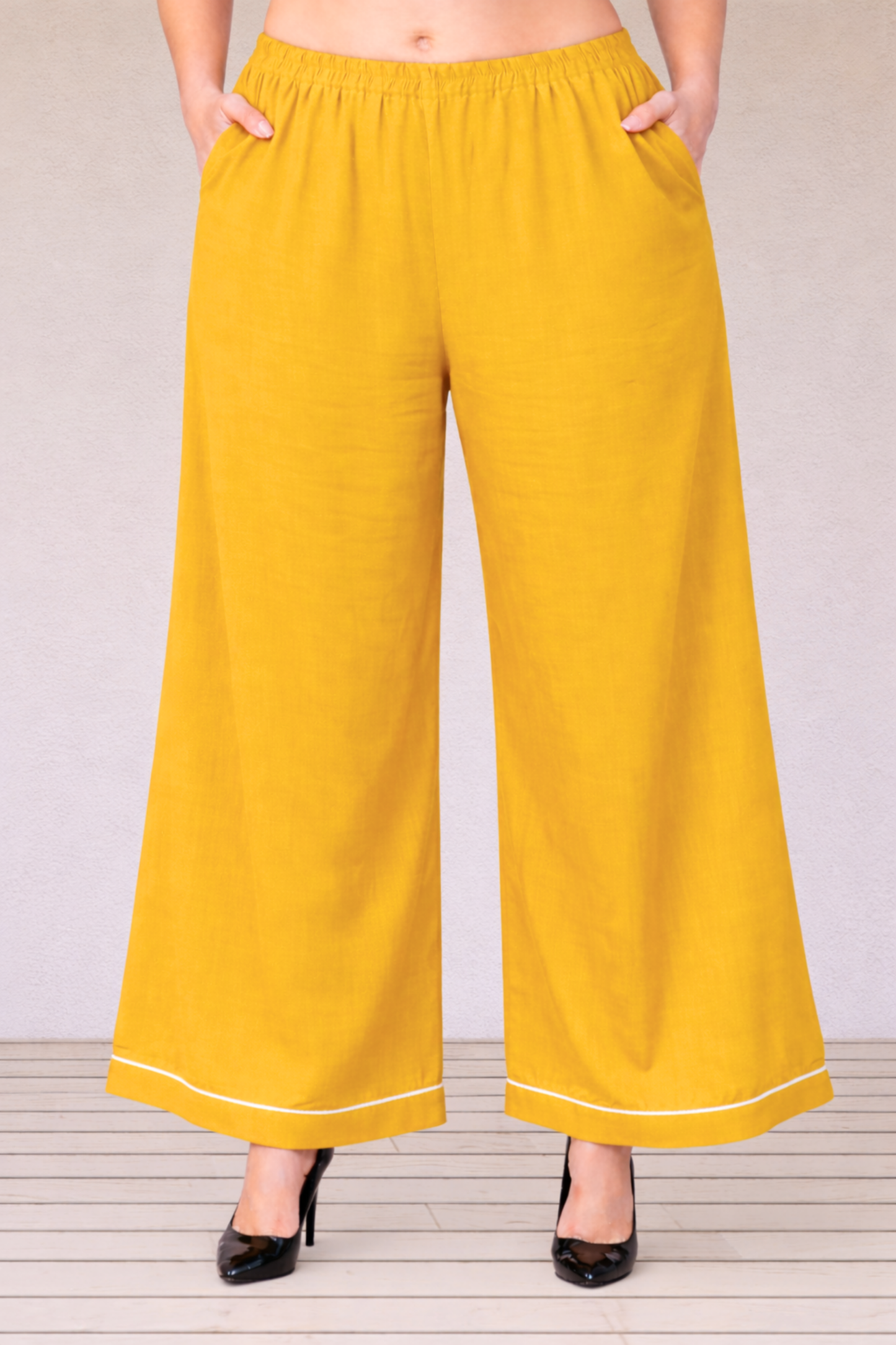 Yellow Detailed Hemline Rayon Palazzo
