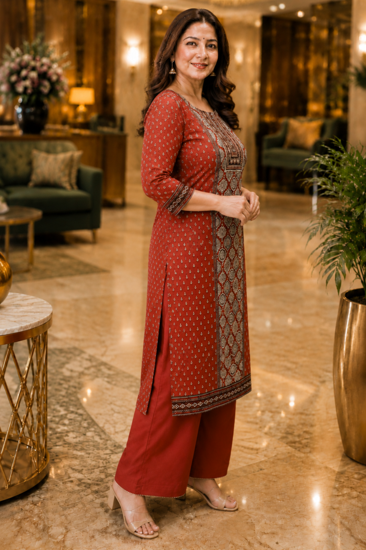 Zafraani Mehroon Crepe Suit With Mirror Work
