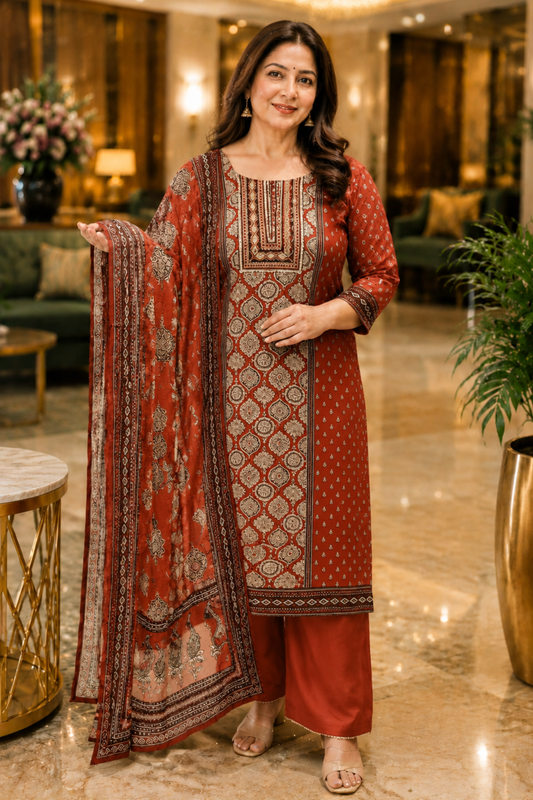Zafraani Mehroon Crepe Suit With Mirror Work