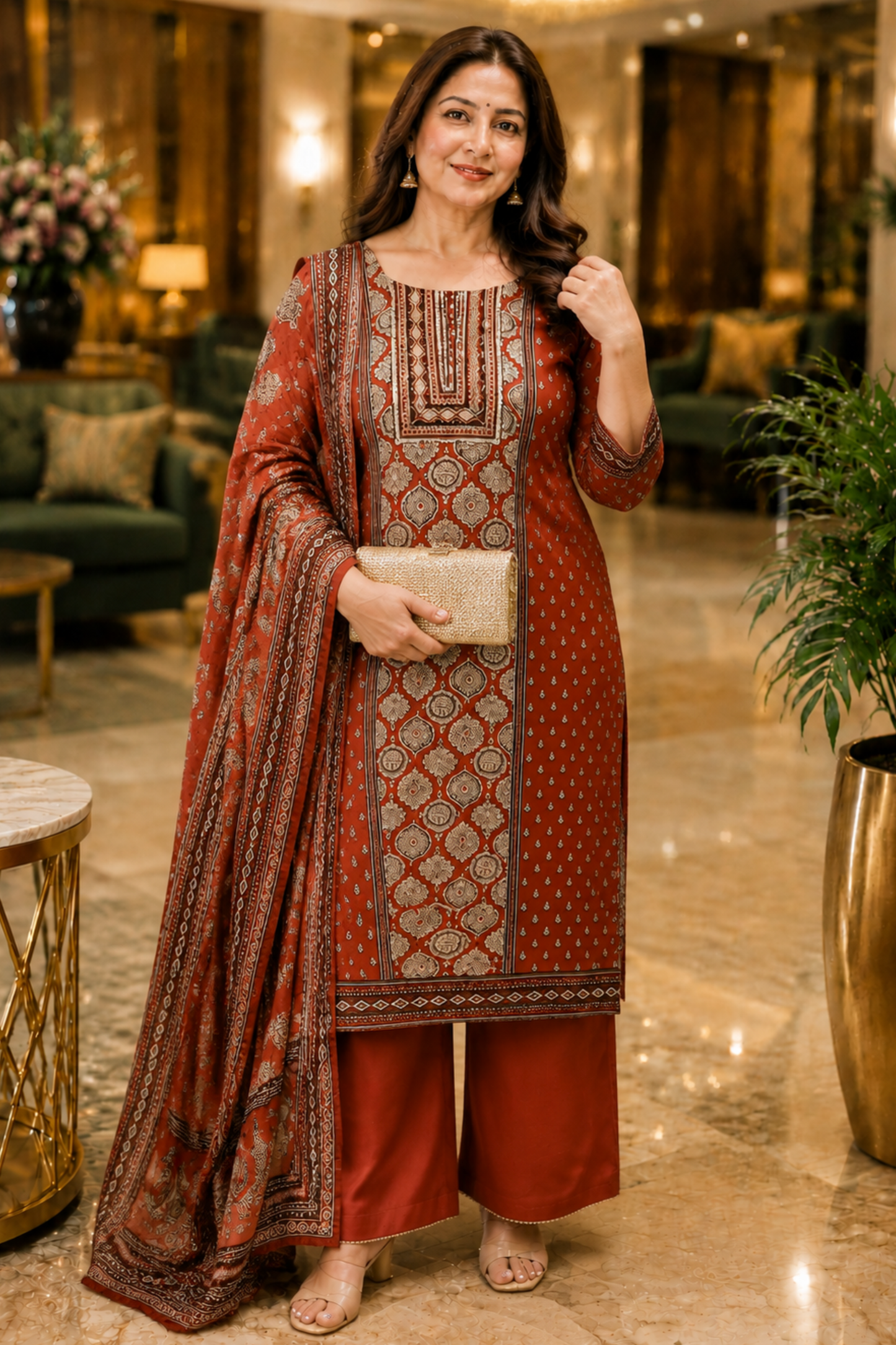 Zafraani Mehroon Crepe Suit With Mirror Work
