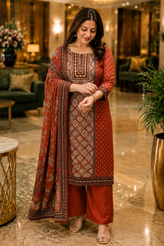 Zafraani Mehroon Crepe Suit With Mirror Work