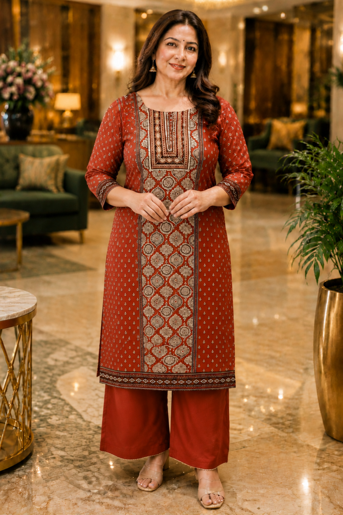 Zafraani Mehroon Crepe Suit With Mirror Work