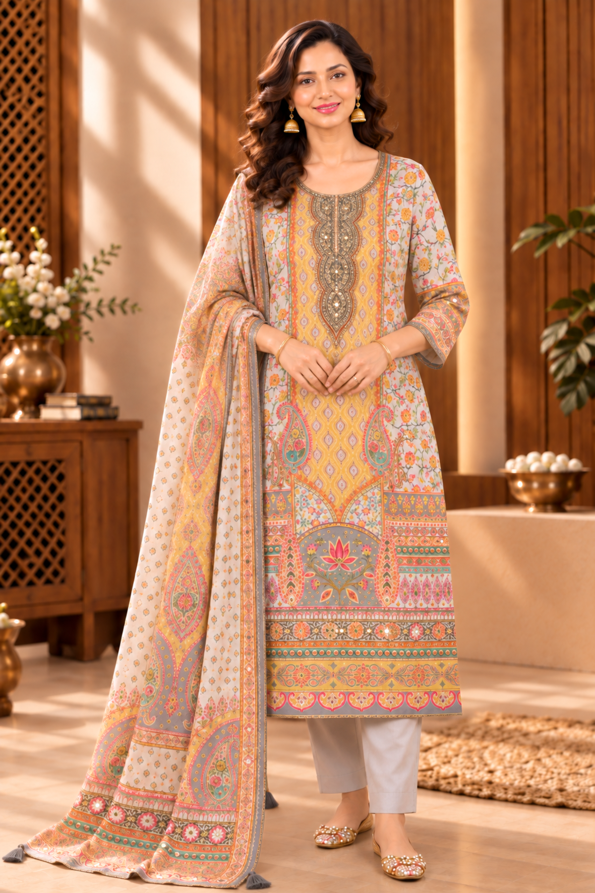 Naziya Karachi Muslin Suit With Mirror Work