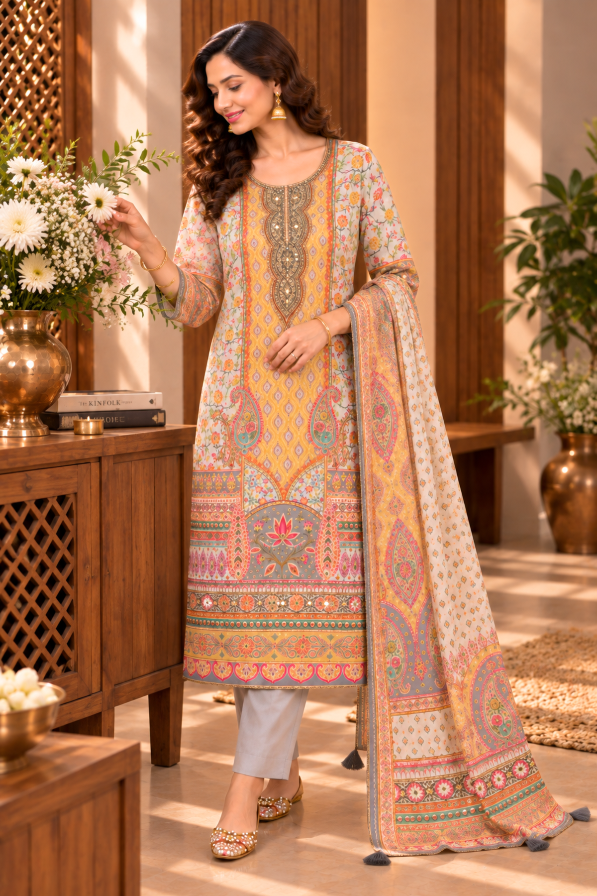 Naziya Karachi Muslin Suit With Mirror Work