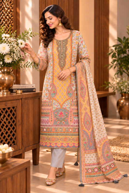 Naziya Karachi Muslin Suit With Mirror Work