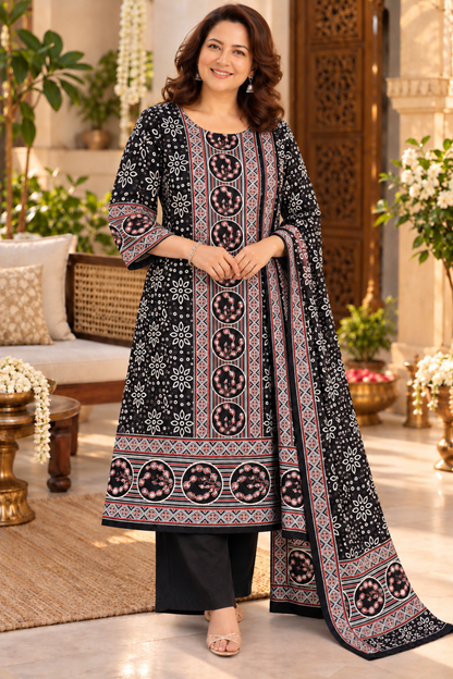 Zehra Black Ajrakh Suit With Beads Highlights