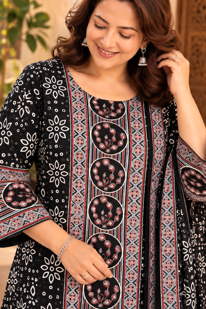 Zehra Black Ajrakh Suit With Beads Highlights
