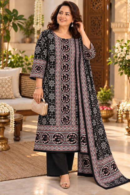 Zehra Black Ajrakh Suit With Beads Highlights