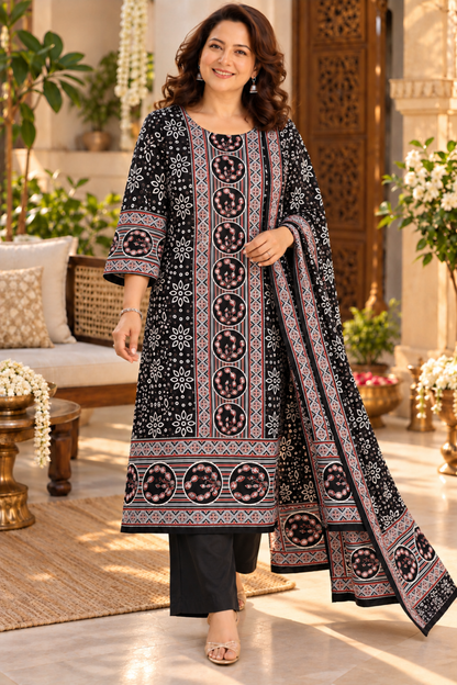 Zehra Black Ajrakh Suit With Beads Highlights
