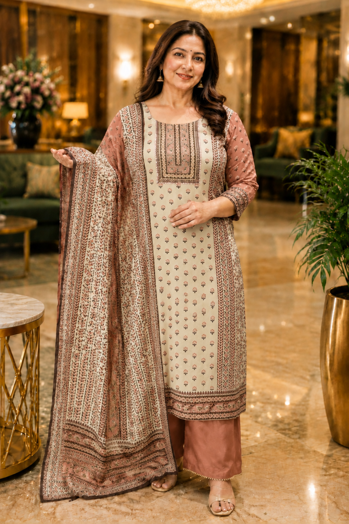 Zehra Ivory Crepe Suit With Mirror Work