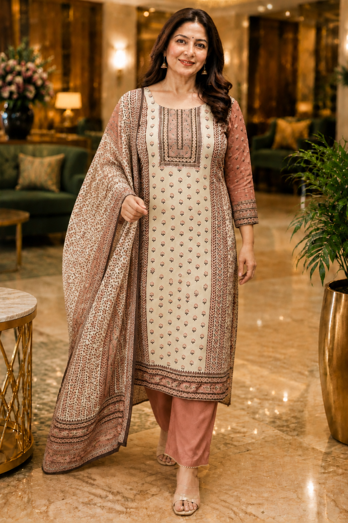 Zehra Ivory Crepe Suit With Mirror Work
