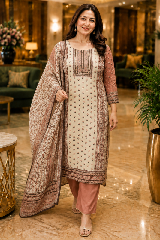 Zehra Ivory Crepe Suit With Mirror Work