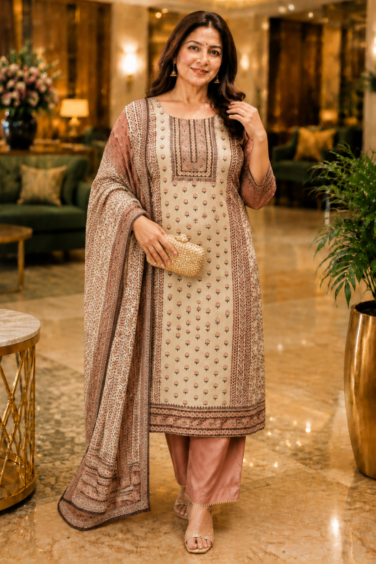 Zehra Ivory Crepe Suit With Mirror Work