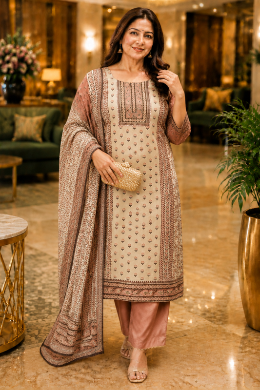 Zehra Ivory Crepe Suit With Mirror Work