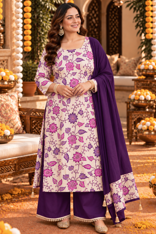 Ziya Ivory Silk Suit With Floral Motifs